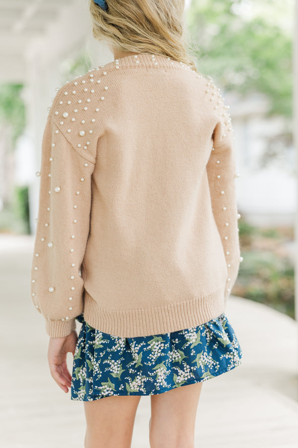 Girls: Can't Help But Love Taupe Pearl Studded Sweater