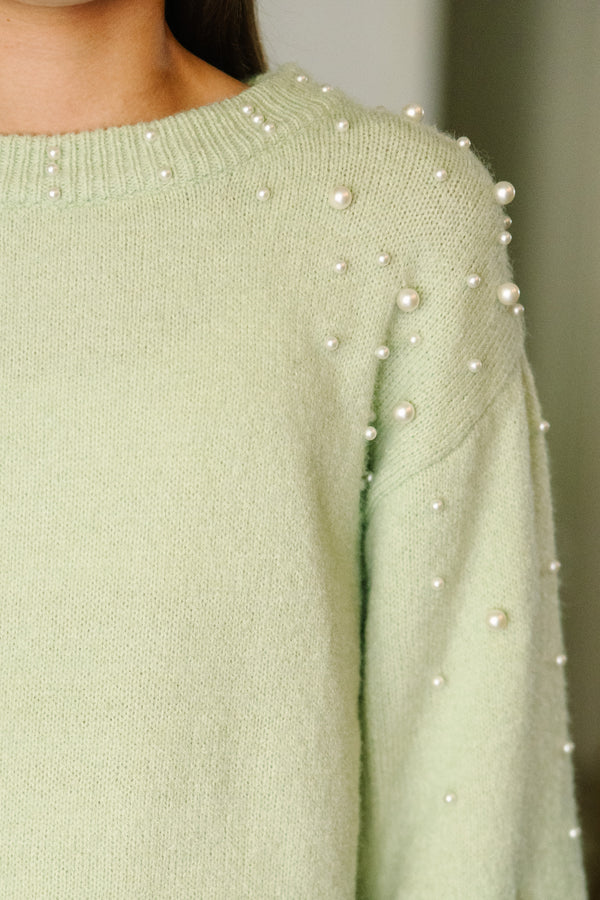 Girls: Can't Help But Love Sage Green Pearl Studded Sweater