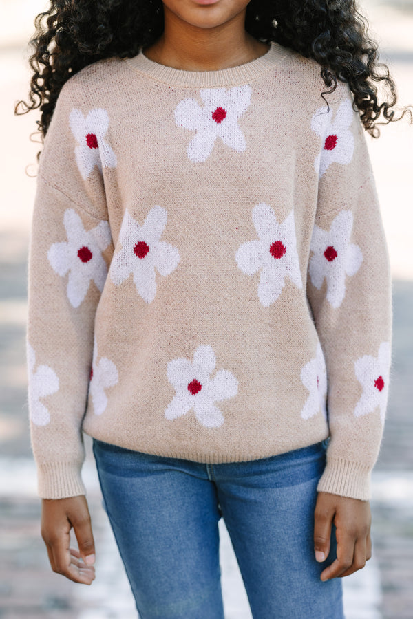 Girls: Feeling Fun Sand Brown Floral Sweater