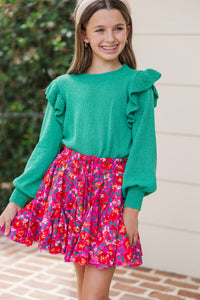 Girls: Give Me A Call Emerald Green Ruffled Sweater