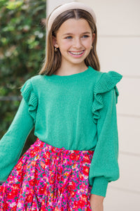 Girls: Give Me A Call Emerald Green Ruffled Sweater