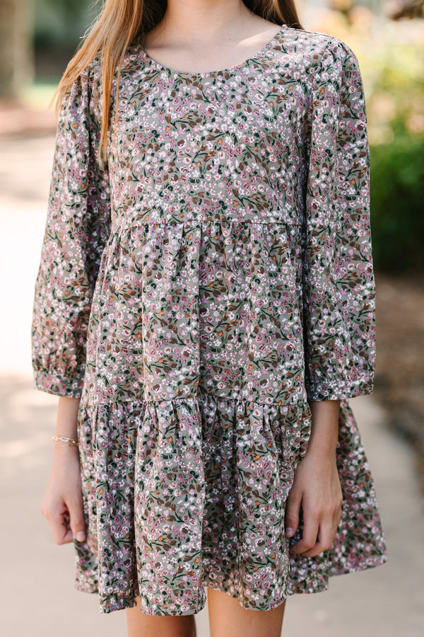 Girls: Can't Be Outdone Gray Ditsy Floral Dress