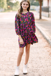 Girls: Can't Be Outdone Black and Fuchsia Ditsy Floral Dress