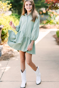 Girls: It's Your Place Light Olive Green Corduroy Button Down Dress
