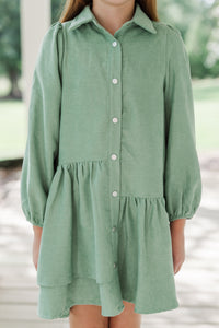 Girls: It's Your Place Light Olive Green Corduroy Button Down Dress