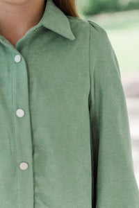 Girls: It's Your Place Light Olive Green Corduroy Button Down Dress