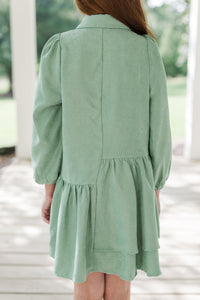 Girls: It's Your Place Light Olive Green Corduroy Button Down Dress