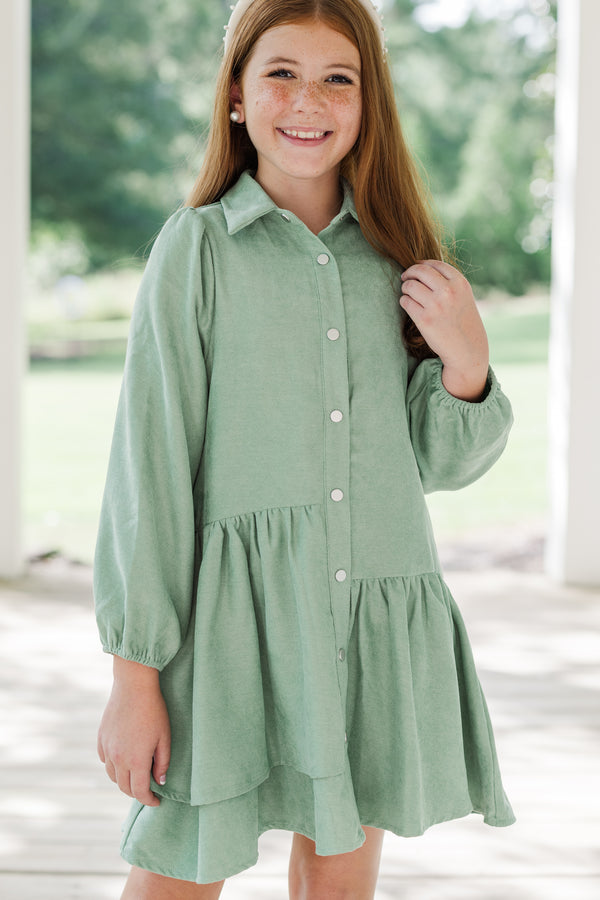 Girls: It's Your Place Light Olive Green Corduroy Button Down Dress