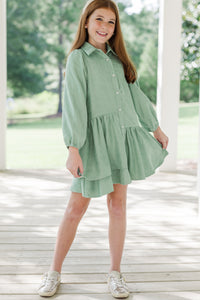 Girls: It's Your Place Light Olive Green Corduroy Button Down Dress