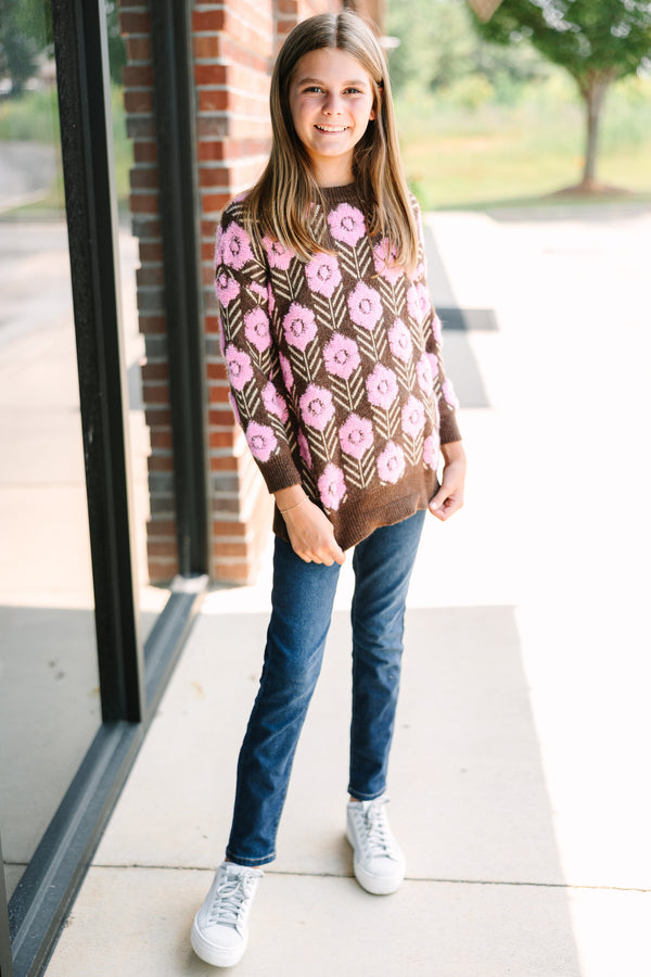 Girls: With You Always Brown Mocha Floral Sweater