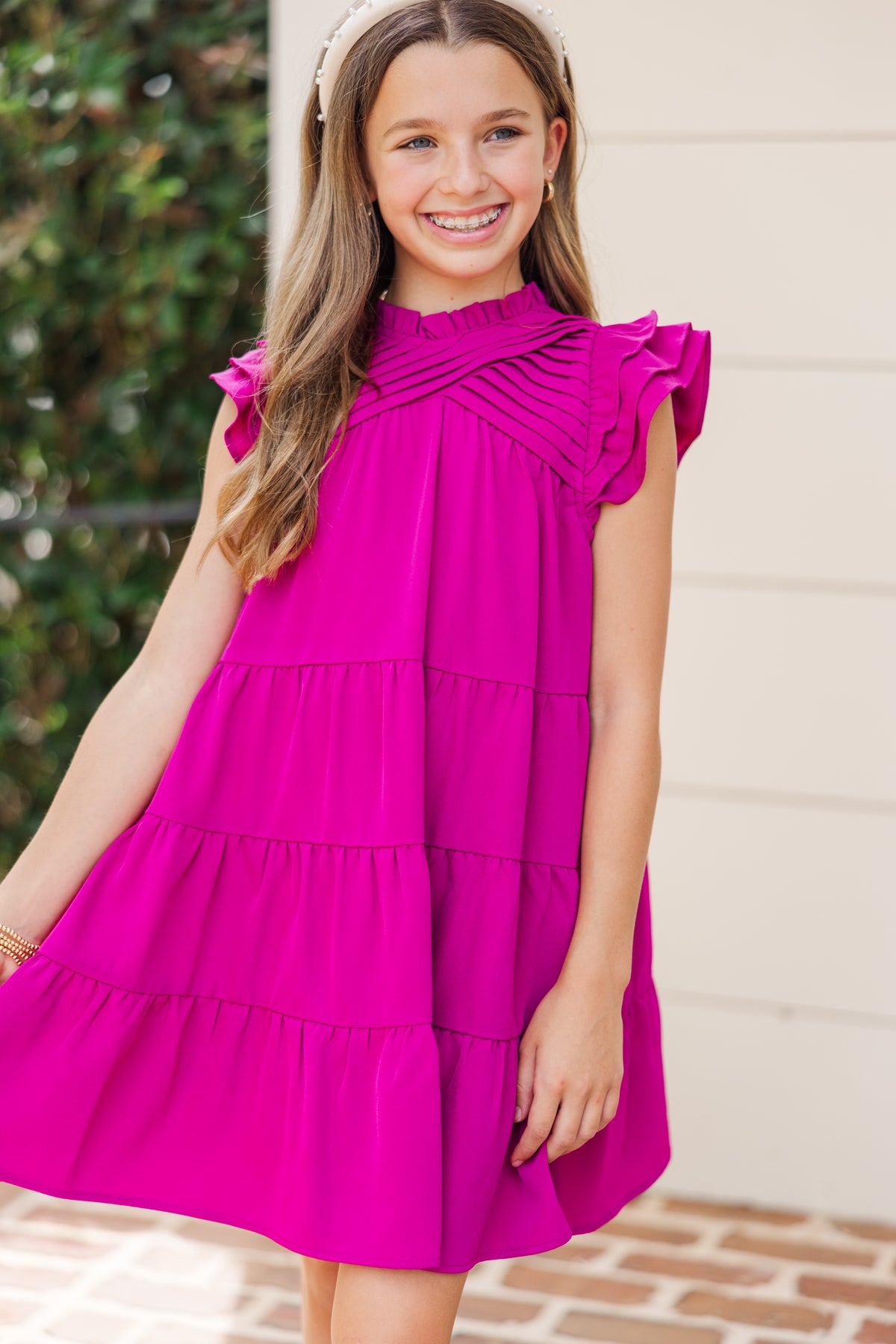 Magenta ruffle dress sale
