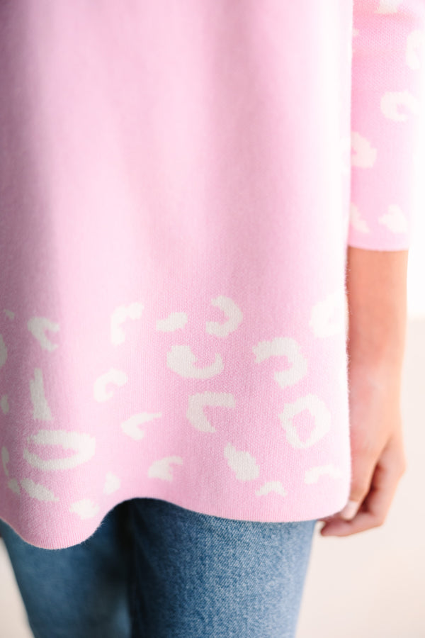 Girls: All In Theory Light Pink Leopard 3/4 Sleeve Sweater Tunic