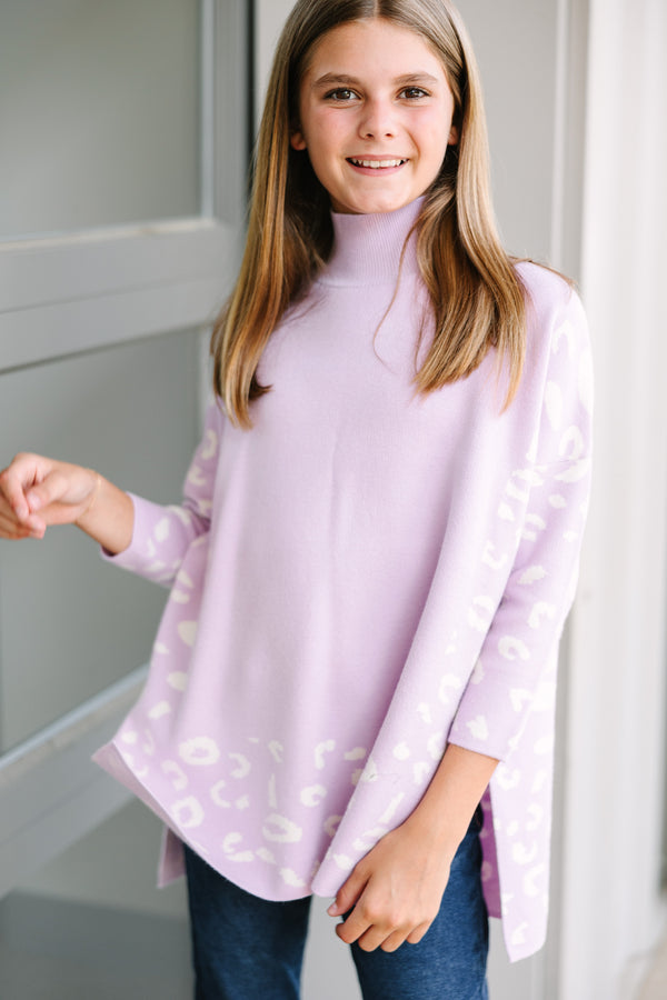 Girls: All In Theory Lavender Purple Leopard 3/4 Sleeve Sweater Tunic