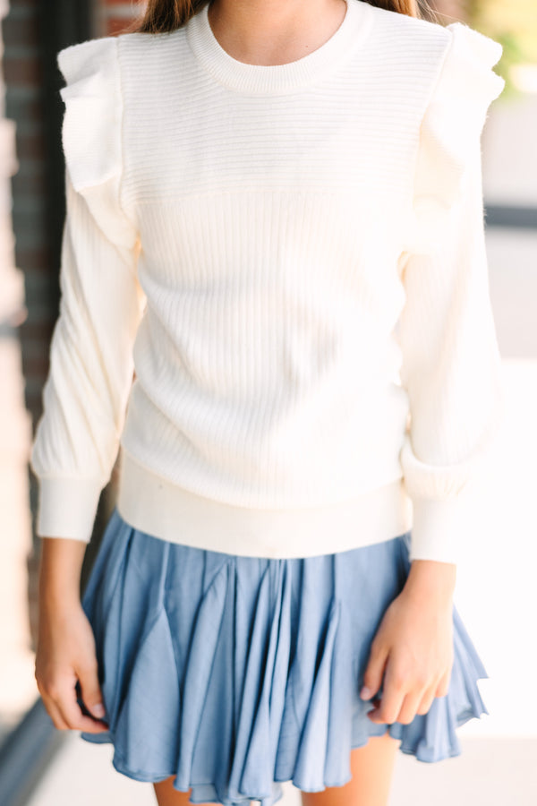 Girls: Reach Out Ivory White Ruffled Sweater