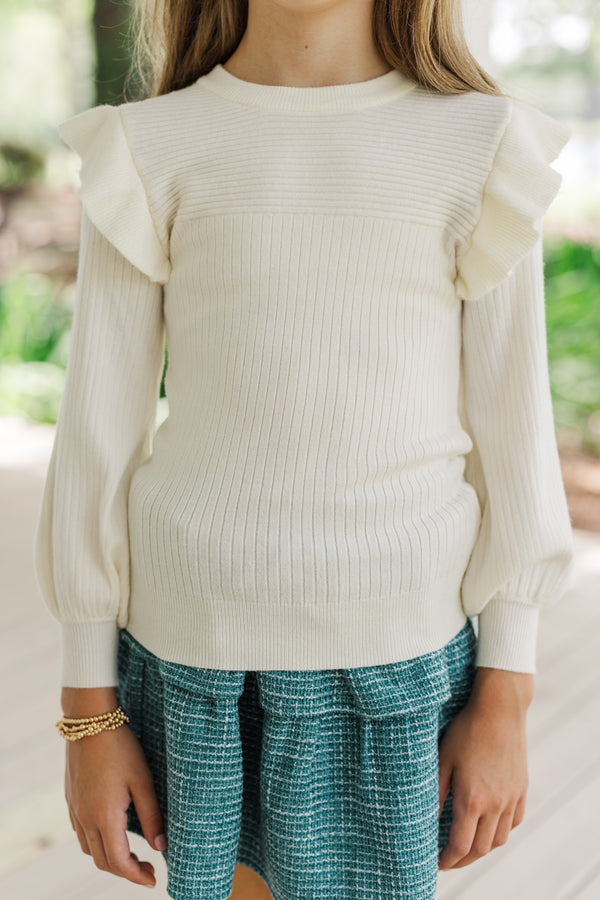 Girls: Reach Out Ivory White Ruffled Sweater