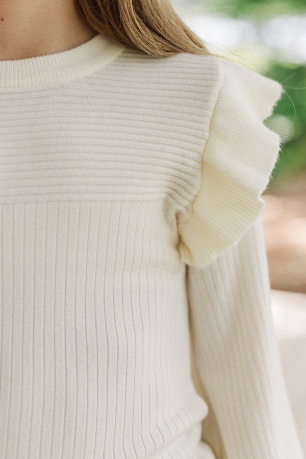 Girls: Reach Out Ivory White Ruffled Sweater