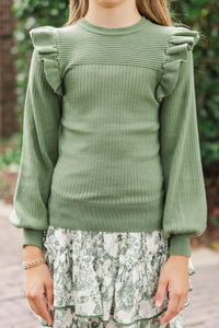Girls: Reach Out Light Olive Green Ruffled Sweater