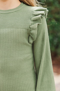 Girls: Reach Out Light Olive Green Ruffled Sweater