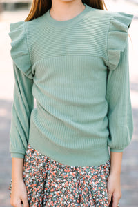 Girls: Reach Out Light Olive Green Ruffled Sweater