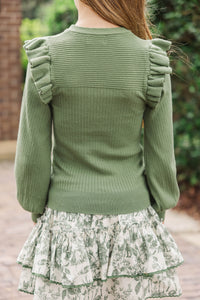 Girls: Reach Out Light Olive Green Ruffled Sweater