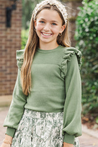 Girls: Reach Out Light Olive Green Ruffled Sweater