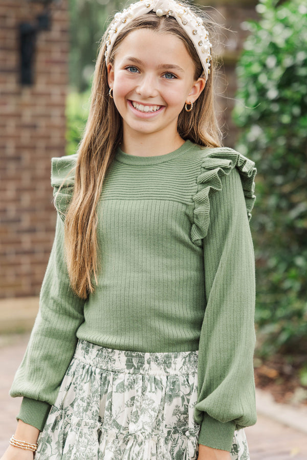 Girls: Reach Out Light Olive Green Ruffled Sweater