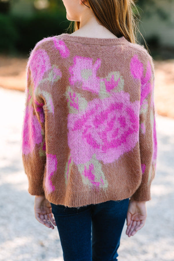 Girls: Talk That Talk Camel Brown Floral Sweater