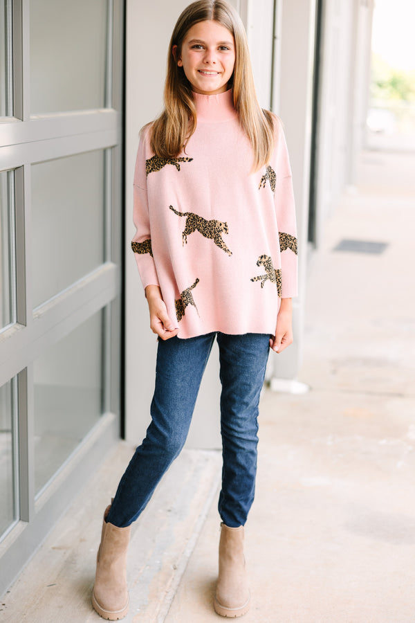Girls: Quick Decisions Light Pink Cheetah 3/4 Sleeve Sweater