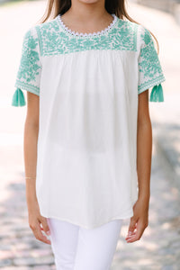 Girls: All The Info I Need Green Embroidered Top