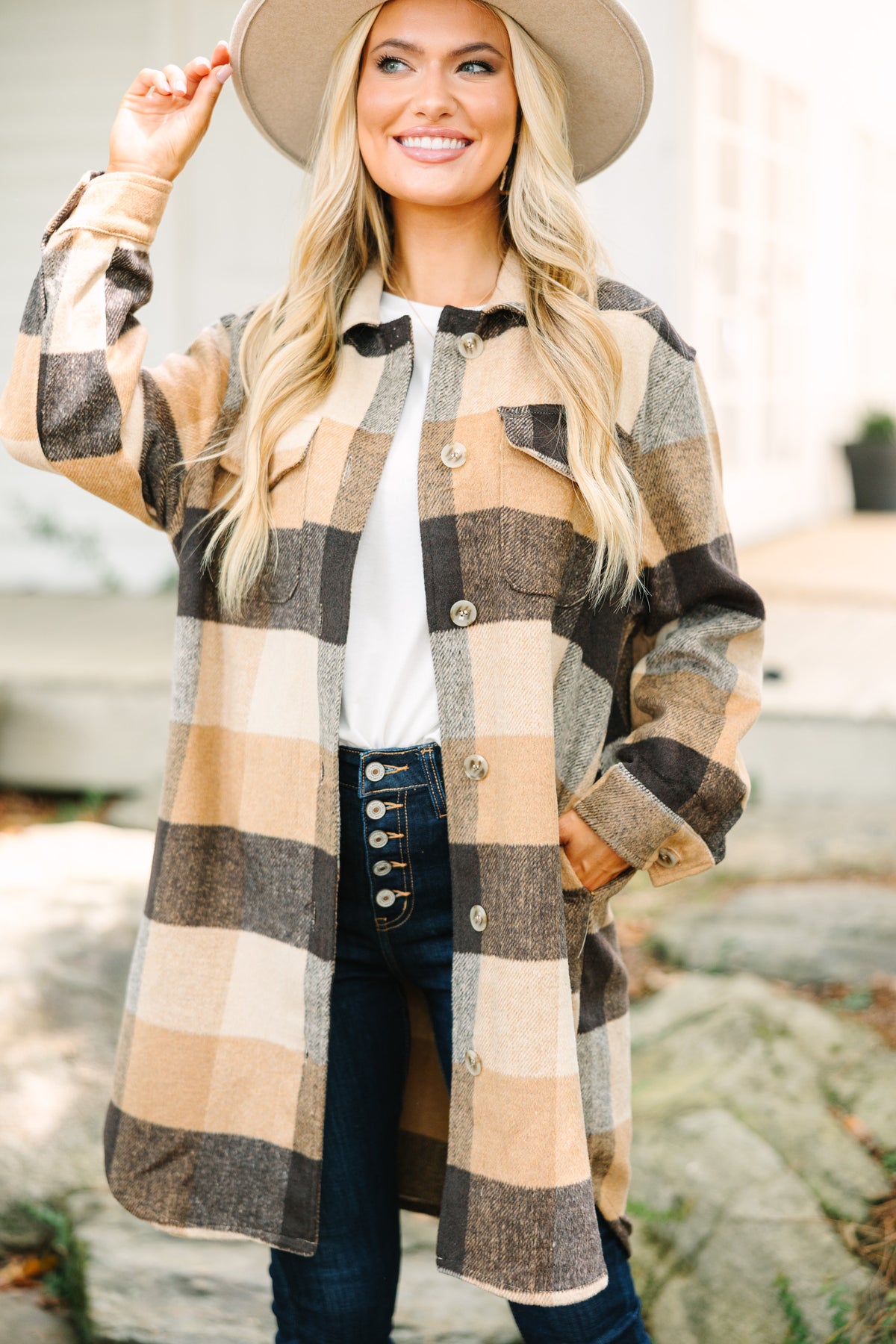 Good With It Camel Brown Plaid Shacket – Shop the Mint