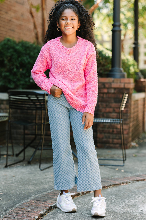 Girls: See You There Candy Pink Popcorn Knit Pullover Sweater