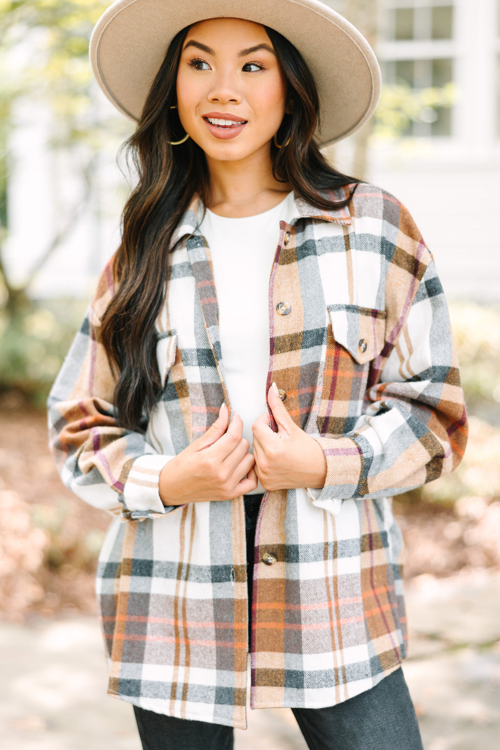 Stay In The Lead Taupe Brown Plaid Shacket – Shop the Mint