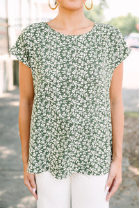 Hello Beautiful Olive Green Floral Cap Sleeve Top