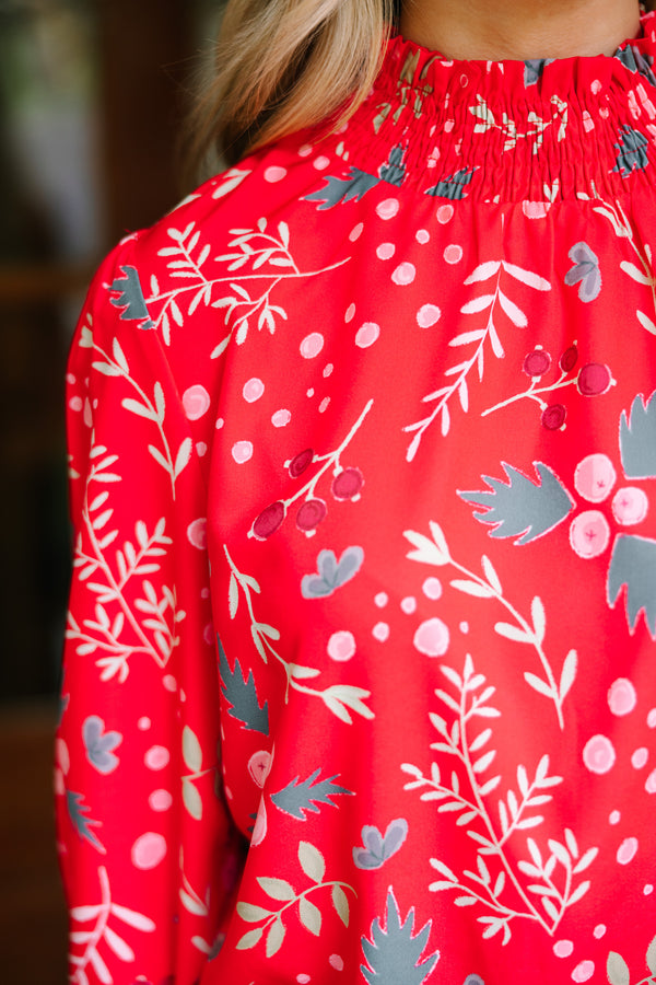 holiday printed blouse, red holiday blouse, boutique holiday blouse
