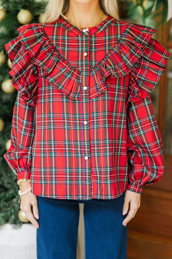 It's All Possible Red Tartan Plaid Button Down Blouse