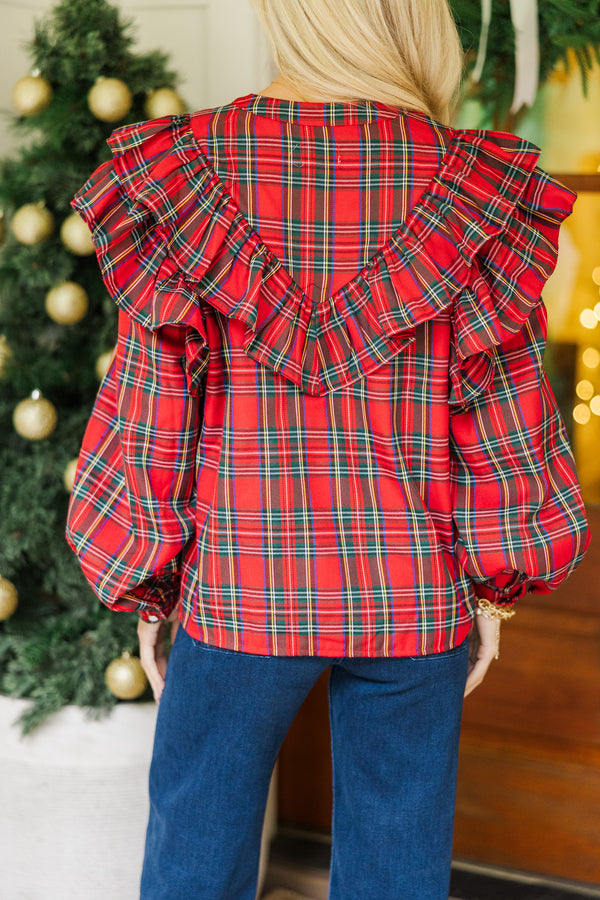 It's All Possible Red Tartan Plaid Button Down Blouse