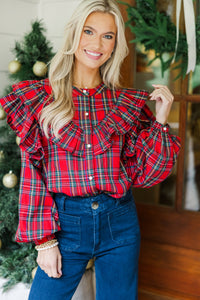 It's All Possible Red Tartan Plaid Button Down Blouse