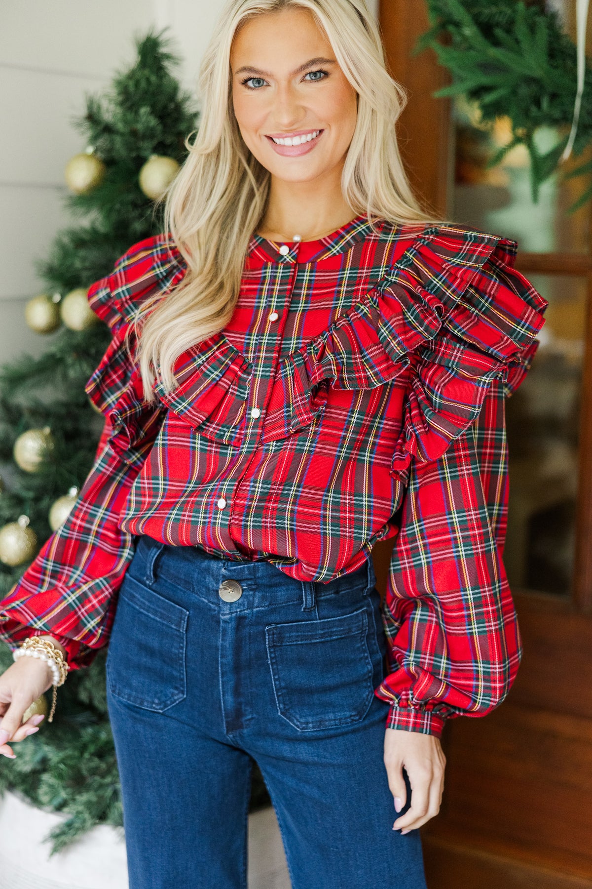 Plaid Side Slit Button Up Blouse main image 0