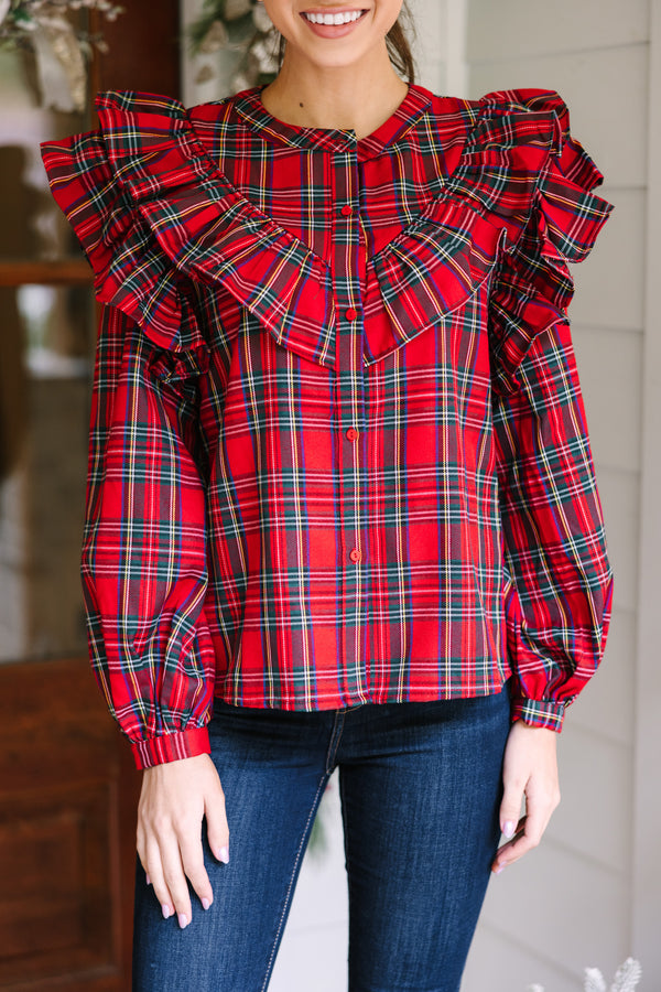 It's All Possible Red Tartan Plaid Button Down Blouse