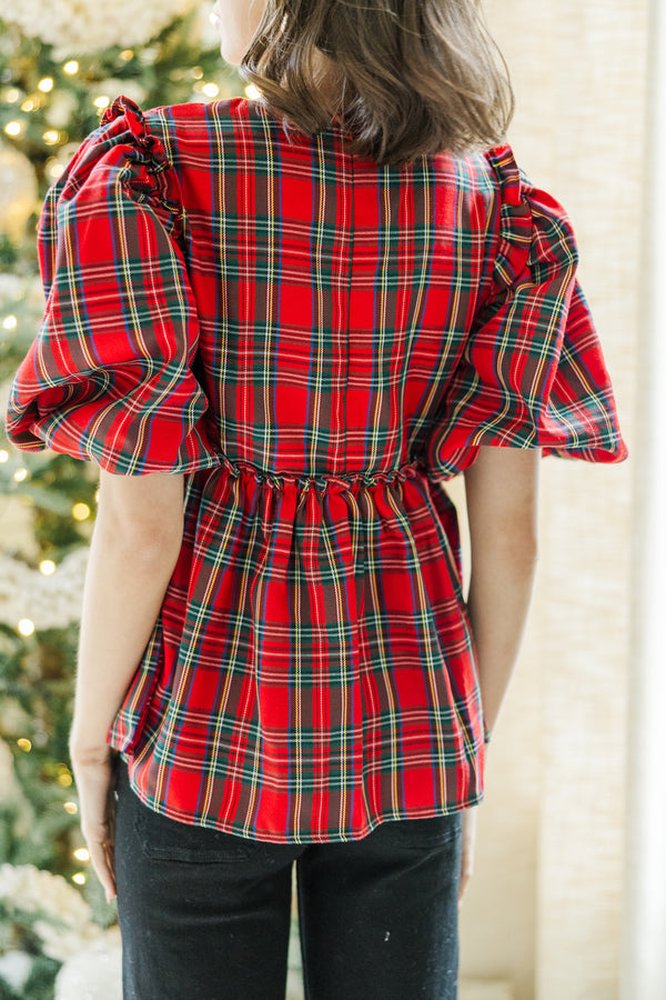 It's All Possible Red Tartan Plaid Babydoll Top