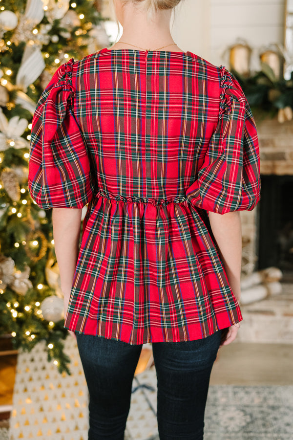 red plaid top, red tartan plaid top, babydoll tops, holiday tops for women