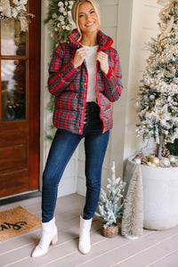 red plaid puffer jacket, trendy puffers, holiday jackets, boutique jackets