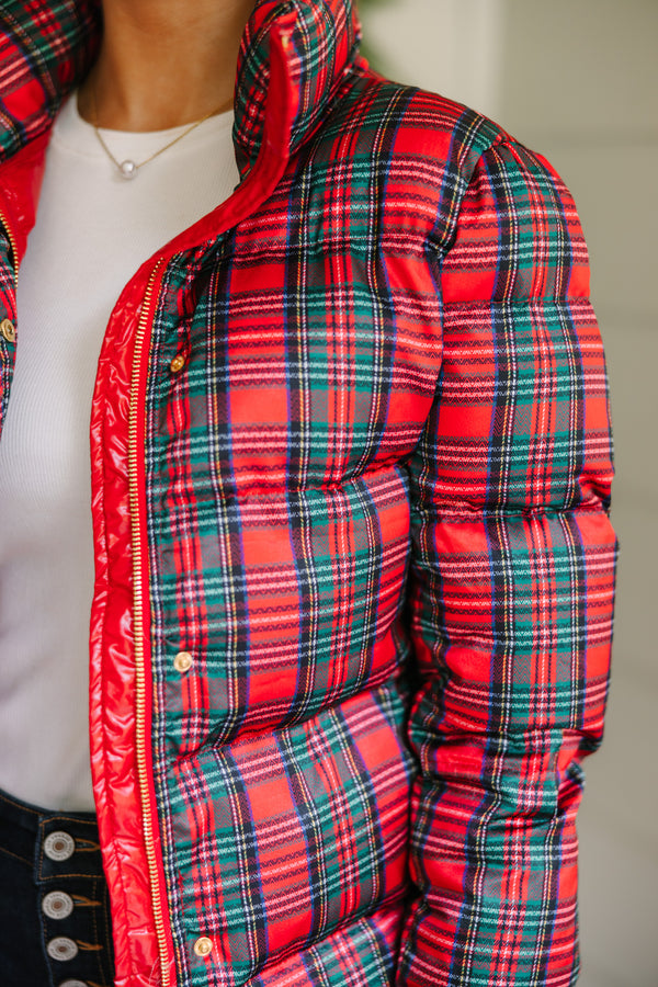 More The Merrier Red Tartan Plaid Puffer Jacket
