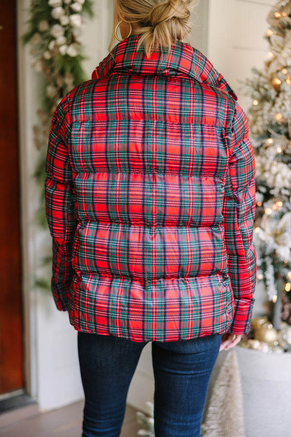 red plaid puffer jacket, trendy puffers, holiday jackets, boutique jackets