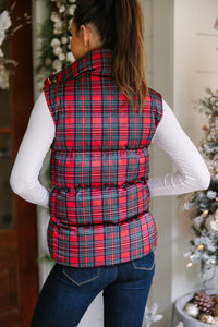 More The Merrier Red Tartan Plaid Puffer Vest