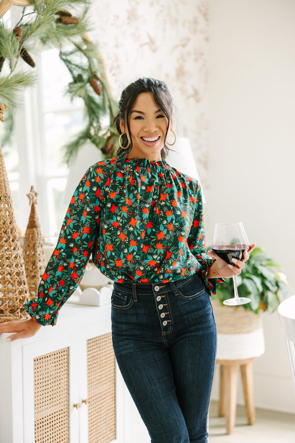Tried And True Emerald Green Floral Ruffled Blouse