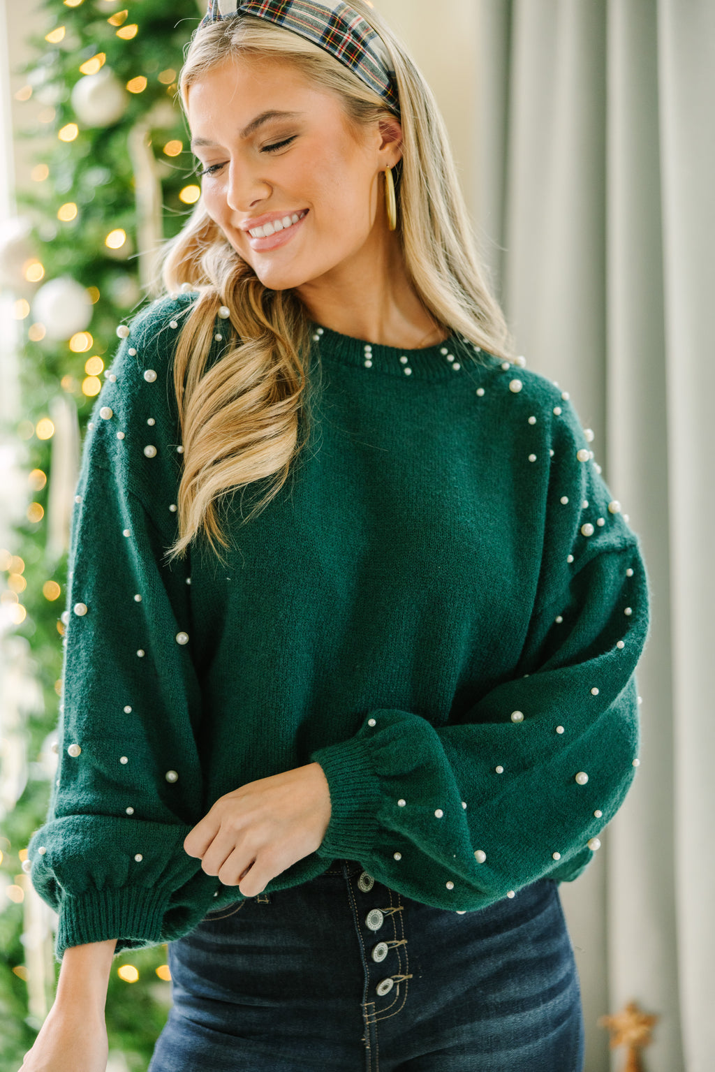 Can't Help But Love Emerald Green Pearl Studded Sweater – Shop the Mint