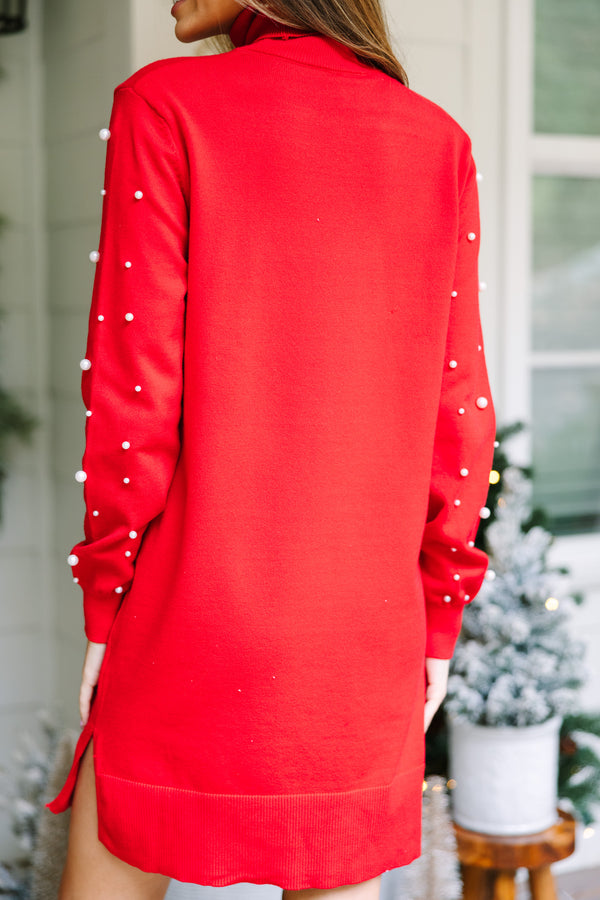 red sweater dress with pearls Pearl Embellished Puff Sleeve Knit Sweater in Red