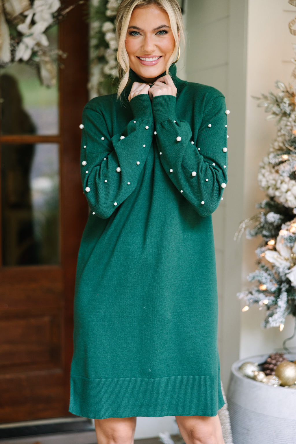 Feeling The Love Emerald Green Embellished Sweater Dress – Shop