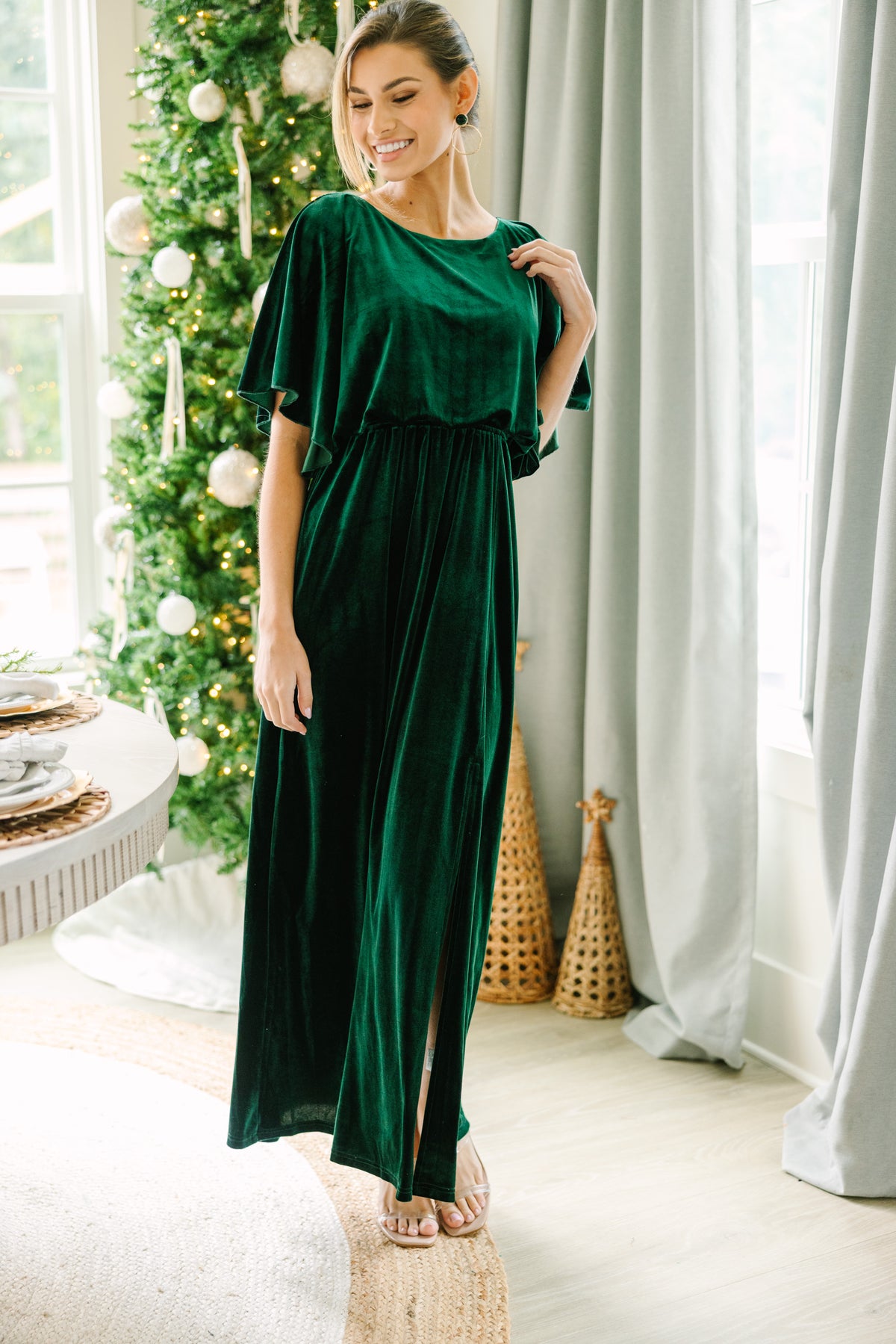 Maxi Velvet Dark Green Dress outlet